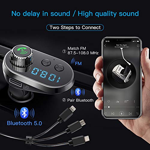 Bluetooth FM Transmitter Car Adapter, MANLI Car Charger MP3 Player, Bluetooth 5.0, with 3 Ports for iPhone, Android and Type C, 1 USB 5V/2.1A and TF Card Connection, Handsfree