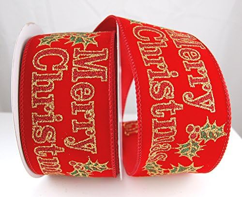 Wire Edged Napsbury Red Merry Christmas Printed Glitter Ribbon 2 1/2" - 10 Yards