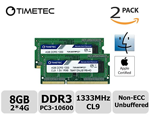 Timetec Hynix IC Apple 8GB Kit (2x4GB)  DDR3 1333MHz PC3-10600 SODIMM Memory upgrade For MacBook Pro 13/15/17 inch Early/Late 2011,iMac 21.5-inch Mid/Late 2011,27-inch Mid 2011,Mac mini 5,1 & 5,2 Mid 2011 (High Density 8GB Kit (2x4GB))