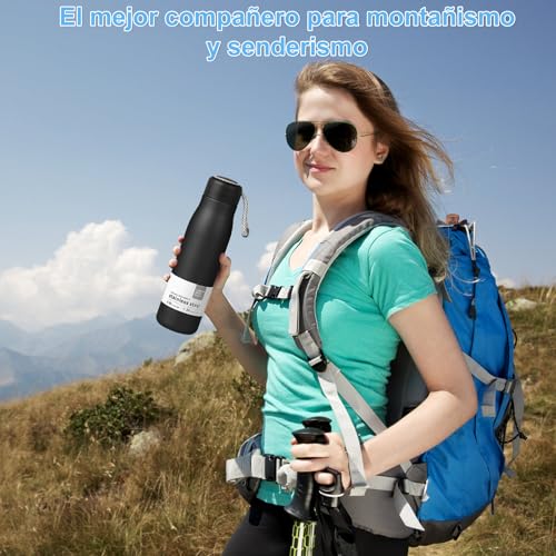 Termo de Acero Inoxidable 550ml, Doble Aislamiento Térmico 24h Frío/12h Caliente, Botella de Agua sin BPA, Ideal para Viajes, Deportes, Escuela, Diseño Portátil con Asa,senderismo Water (negro)