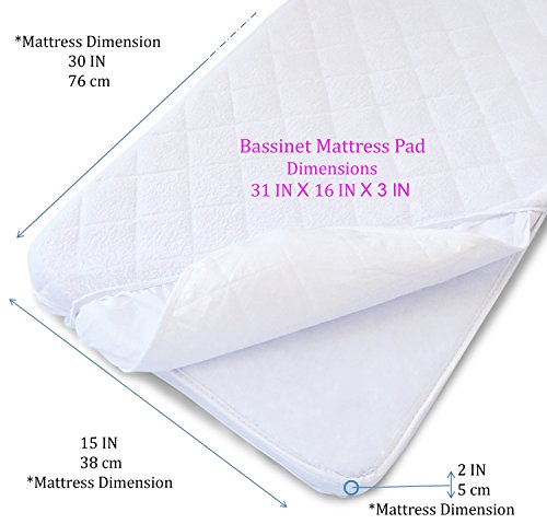 Bassinet Mattress Pad Organic Bamboo Cover - Rectangular, Oval and Halo Mattress Fit (30" x 15") - Breathable Quilted Waterproof Protector - Thumbnail 4