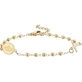 Cross Gift, Dainty Gold Cross Virgin Mary Charm Rosary Chain Catholic Bracelet, Women's Faith Jewelry Miraculous Medal Bracelet, Inspirational Christian Gift for Confirmation, Baptism