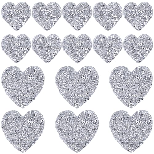CABODYALS 20Pcs Silver Heart Rhinestones Patches Resin Rhinestone Patch Iron on Love Bling Glitter Repair Cloth Appliques Bulk for Sewing Making Clothes Jeans Jackets Shoes Dress Hats Diy Craft