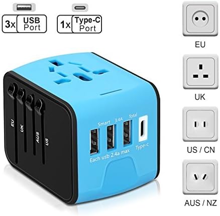 ECOACE Universal Travel Adapter All-in-one International Power Adapter with 3.4A 3 USB, USB-C/Type-C European Adapter Travel Power Adapter Wall Charger for UK, EU, AU, Asia over 150+Countries