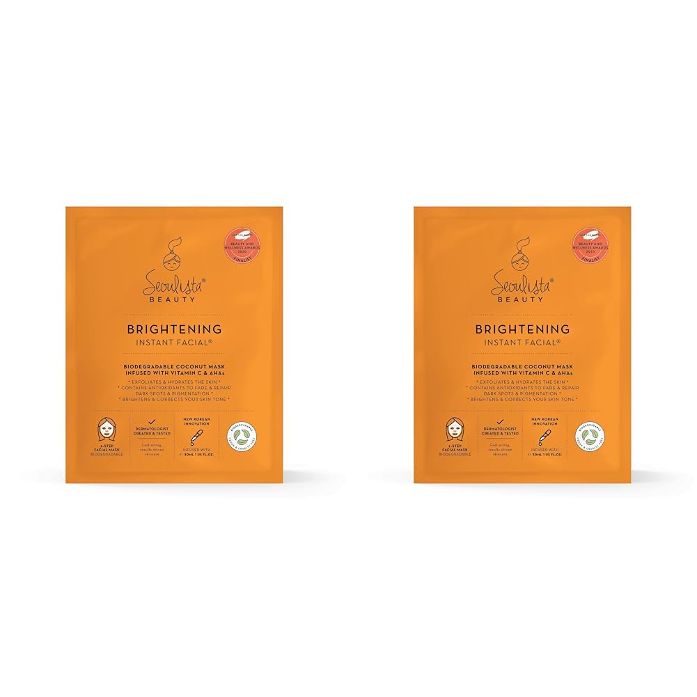 Seoulista Beauty® Brightening Instant Facial™ 30ml | Treatment Face Sheet Mask for Dry Skin Dark Spots and Pigmentation | Dermatologist Created Korean Skin Care | Infused with Vitamin C & AHAs