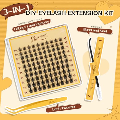 QUEWEL Fairy False Eyelashes Extension Manga Mix 10-18 mm DIY Eyelash Extension Kit with Lash Bond and Seal, False Eyelashes Tweezers for DIY Natural (FD-Manga Kit)