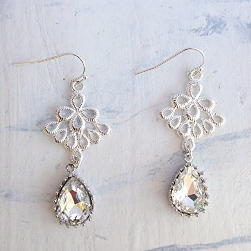 Silver Plated Lace Chandelier Earrings with Teardrop Rhinestone Crystals