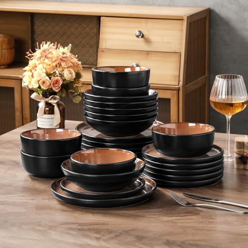 vancasso AMBER 6 Person Dinnerware Set, 24 Piece Stoneware Dinner Plates Set - Flat Plates, Dessert Plates, Pasta Bowls and Bowls - Microwave Safe - Red Glaze