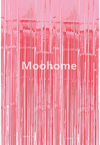 Moohome Big 3ft x 8ft Tinsel Metallic Baby Pink Foil Fringe Curtains Backdrop Door Window Curtain Party Decoration (3-Pack, Baby Pink)