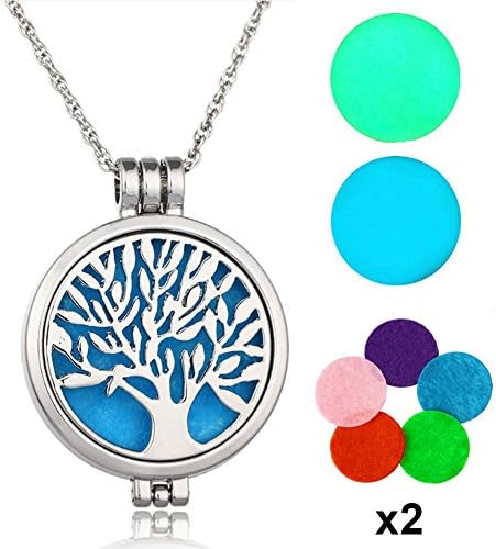 Phoenixes Tree of Life, Aromatherapy Essential oil Diffuser Necklace Stainless Steel Locket Pendant with 24 Inches Adjustable Snake Chain, 12 Washable Refill Pads (Tree of Life)