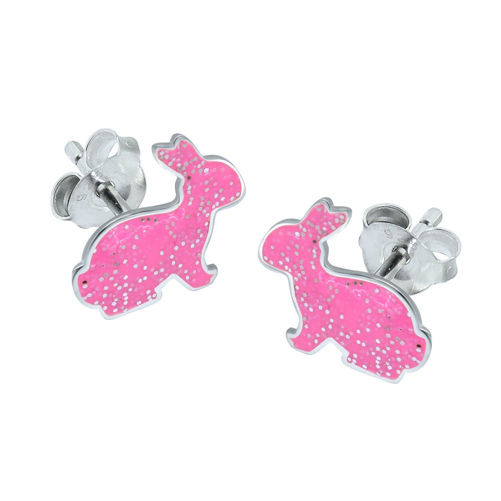 Pink Bunny Rabbit Earrings with Sparkly Glitter - 925 Sterling Silver