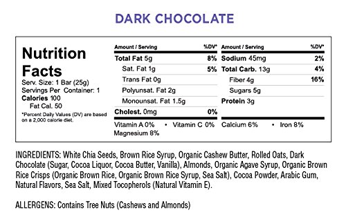 Health Warrior Chia Bars, Dark Chocolate, Gluten Free, Vegan, 25g bars, 15 Count