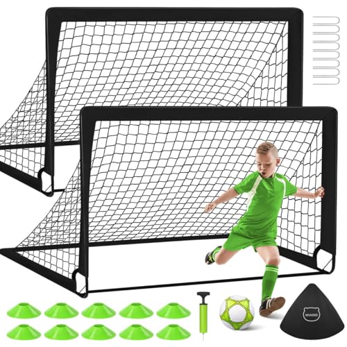 MIAOKE - Portería de Fútbol para Patio Trasero, 2 Porterías de Fútbol Portátiles de 4 x 3 Pies, Equipo de Entrenamiento con Pelota, 10 Conos, Bolsa de Transporte