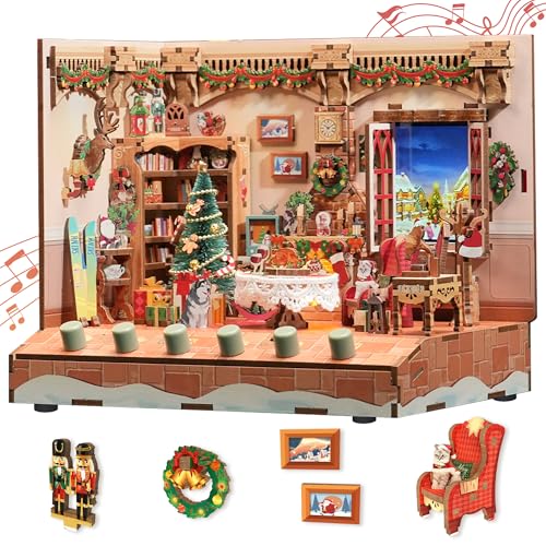Tonecheer DIY Miniature House Kit, Wooden Dollhouse Kit with Music and White Noise,Tiny Diorama House Building Set with Electronic Screen Kit Creative Idea Gifts for Aduls (The Christmas Cottage)