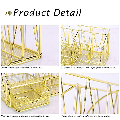 Z-PLINRISE-Desk-Accessories-Organizer-5-Compartments-with-Drawer-Letter-Holder-2-Pen-Holders-Sticky-Note-Holder-and-Accessory-Slot-Wire-Stationery-Caddy-for-Office-Supplies-Gold