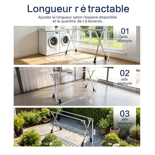 Kiseely Séchoir à Linge Pliable 240 cm intérieur extérieur, séchoir à vêtements en Acier Inoxydable résistant, Porte-vêtements avec 20 Crochets Coupe-Vent et 12 Pinces (240cm)
