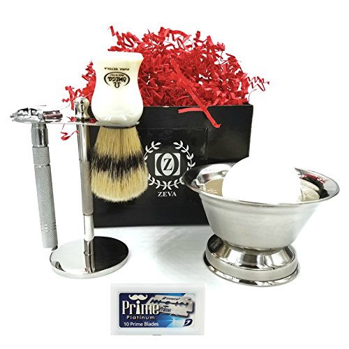 Men s Shaving Set 5 Pieces Double Edge Safety Razor Set Kit Omega Pure Bristle Shaving Brush Stand Shaving Cup & Shaving Soap Gift Set/Kit