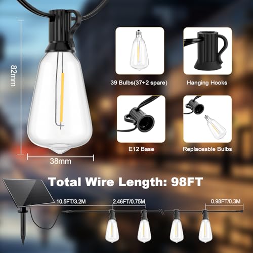 Spacelumen 30M Outdoor Festoon Lights Solar Powered, Outside Patio String with 3 Modes & 37+2 ST38 Edison Bulbs Shatterproof, Solar String Lights Outdoor Garden for Outside Garden Backyard