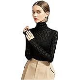 Women's Long Sleeve Bodycon Turtleneck Tees Top Lace Sexy See Through Sheer Mesh Eyelash Trim Shirts Elegant Blouse