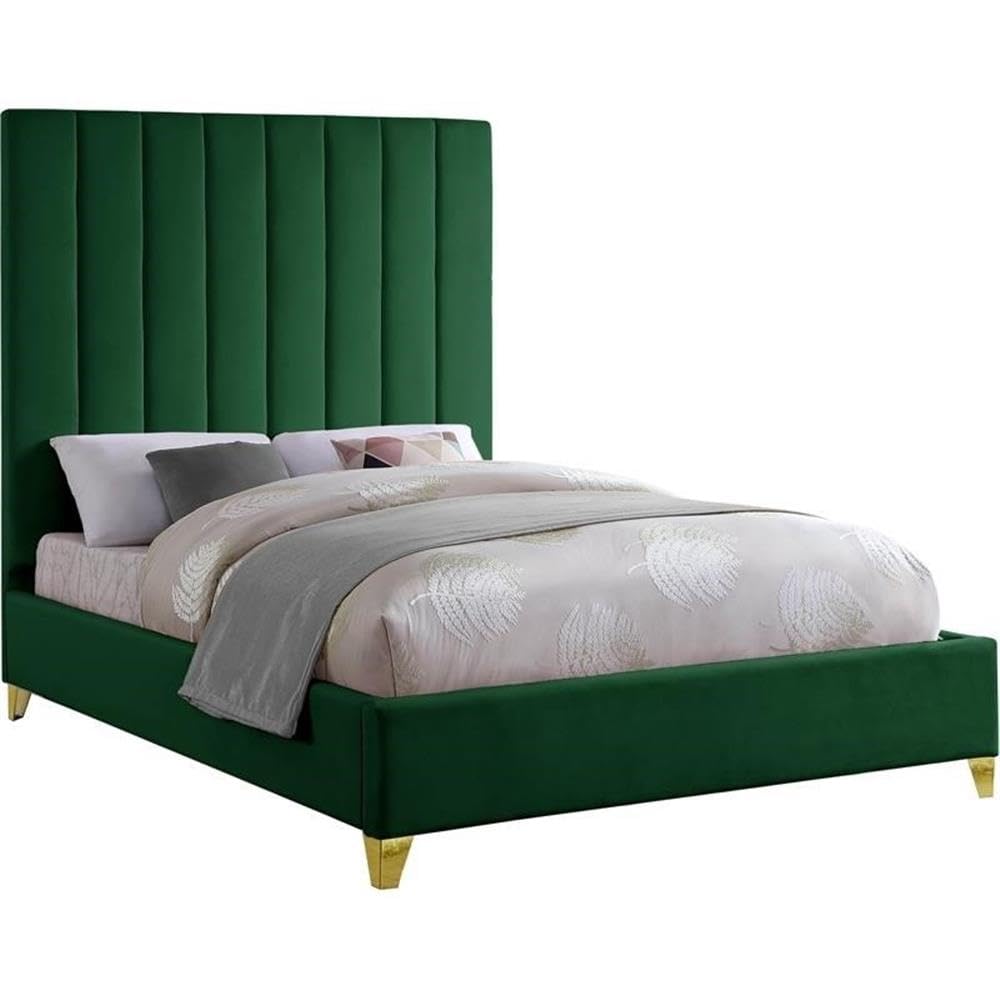 Photo 1 of *Box 1.2 Only* Meridian Furniture ViaGreen-Q Via Collection Modern | Contemporary Velvet Upholstered Queen Bed, Rich Green Velvet, Deep Channel Tufting, Gold and Chrome Legs, 65.5" W x 86" D x 70.5" H, Green, Queen
