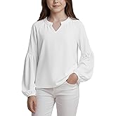 Noomelfish Girls Long Sleeve Shirts Chiffon Blouses Kids Cute V Neck Casual Loose Tops Tee (7-14 Years)