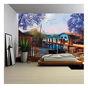 Old Fishing Village,Oil Painting Style - Removable Wall Mural | Self-Adhesive Large Wallpaper - 66x96 inches
