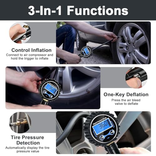 Digital Tire Pressure Gauge Inflator Deflator 200PSI, Air Compressor Kit LCD Air Chuck, Heavy Duty Rubber Hose, Quick Connect Coupler Leak-Proof Valve with Emergency LED Light For Car Bike Ball Truck