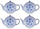 Teapot-Shaped Tea Bag Coasters (4-Pack); Blue & White Tea Spoon/Teabag Caddies