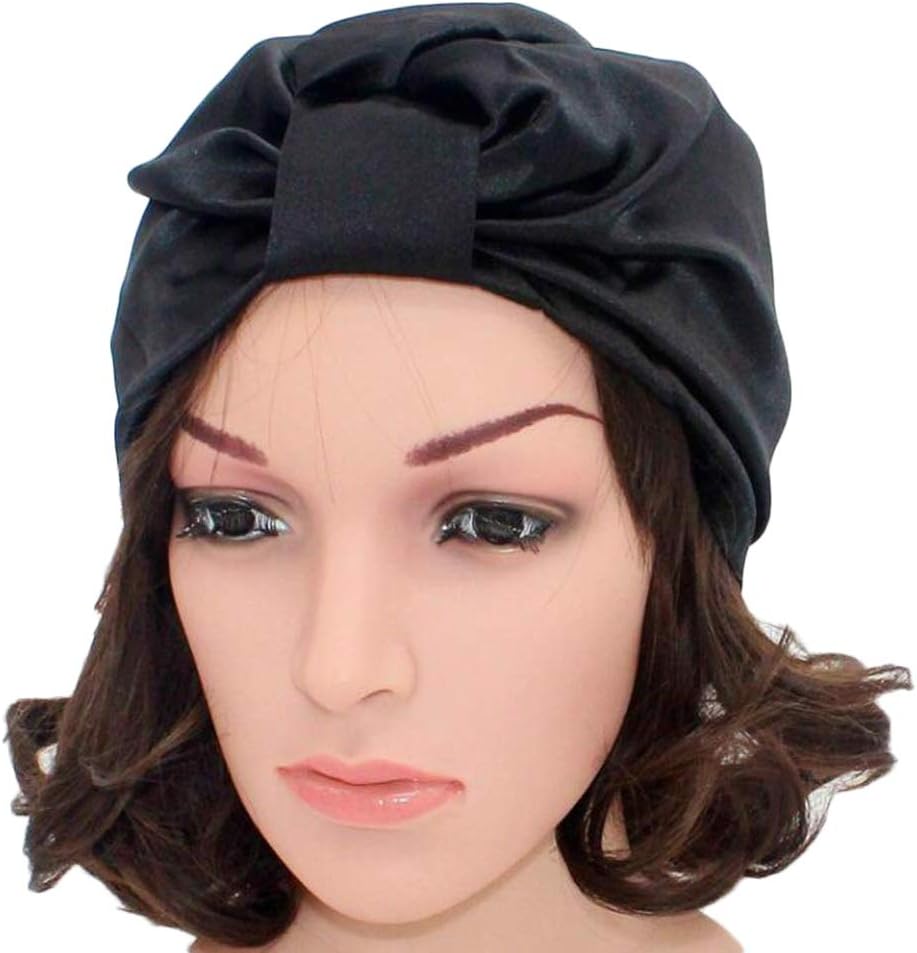 Silk Sleep Cap for Women 100% Pure Mulberry Silk, Elastic Stay on Head, Classic Pleated Protect Your Beautiful Hair Clean and Tidy,Black
