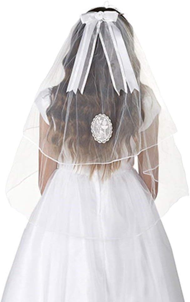 Girls First Communion White Tulle Veil with Acrylic Rhinestone Tiara, 25 Inch