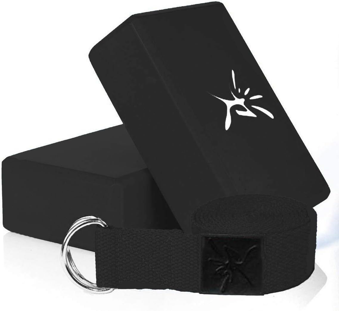 IVIM Yoga Pilates Foam Blocks (2 Pack) & D Ring Yoga Belt - Light Weight & Non-slip High Density Yoga Brick for Yoga, Pilates and Meditation to Improve Strength, Flexibility, Balance