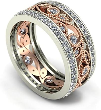 TEMEGO Cut Out Rings for Women,Vintage 2 Tone Rose Gold Leaf Vine Milgrain Samll CZ Eternity Wedding Band