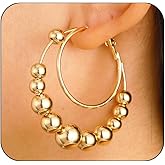 Trendy Gold Big Beaded Hoop Earrings Dainty Double Loop Silver Ball Bead Dangle Earring for Women Large Vintage Round Circle Dangling Statement Jewelry