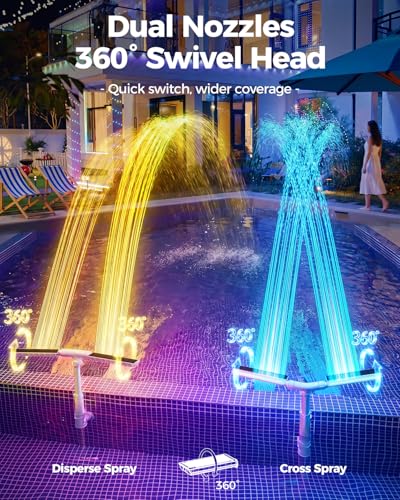 AJOGO Solar Pool Fountain with Lights for Inground & Above Ground Pools — Dual-Powered Rechargeable, 10-Color Dynamic LED Waterfall, 15°F Cooling Aerator (White)
