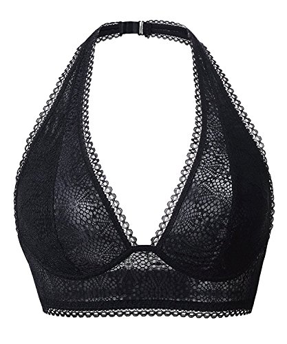 Camellias Floral Lace Bra Long Line Halter Stretchy Breathable Bralette Sweat Fiber Lining Cute Unpadded Bamboo Top Sheer Bustier Crop Wireless Lingerie Underwear for Women, SZ5505-Black-XL