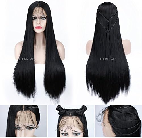 Long Straight Synthetic Lace Front Wigs 180 Density Heat Resistant Hair Pre Plucked Natural Black With Baby Hair For Women 24"