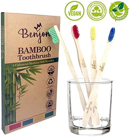 Bamboo Toothbrush Pack of 4 Medium Soft | Colour Crafterd Bristles | Natural Vegan Eco Friendly | BPA Free | Biodegradable | Family Pack of 4 Dental Hygiene