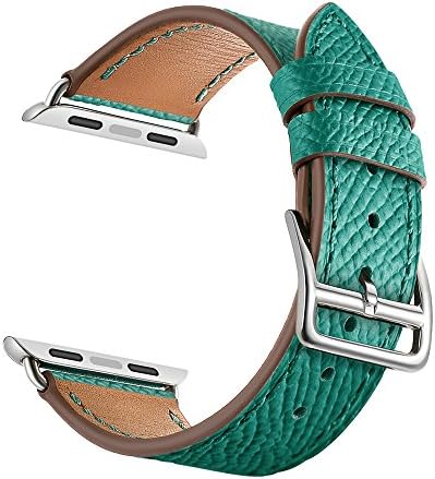 LEUNGLIK Genuine Leather Watch Band Compatible for Apple Watch iWatch 1/2/3/4, 2019 Dressy Fancy Jewelry Men Adjustable Wristband Watch Strap 42mm/44mm with Sliver Stainless Adapters(Green)