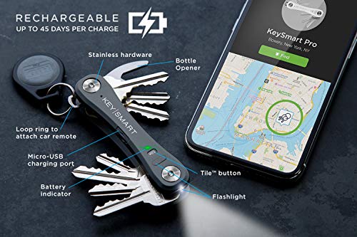 KeySmart Pro - Compact Key Holder w LED Light & Tile Smart Technology, Track Your Lost Keys & Phone w Bluetooth (up to 10 Keys, Slate) - Thumbnail 2