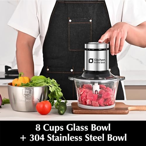 Kitchen in the box 2L+2L Electric Food Processors & Chopper with 304 Stainless Steel Container and Glass Container, 2 Speed Settings, 4 Stainless Steel Blades for Chopping Meat, Baby Food, Vegetable