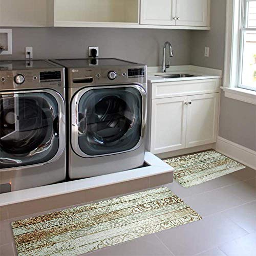 Kitchen Floor Comfort Mat Set, HiiARug Anti Fatigue Standing Mats 2-PACK Kitchen Runner and Rug Waterproof Oil Proof Ergonomic PU Leather Cushioned Kitchen Rug Set (Wood Pattern2, 18"x30"+18"x48")