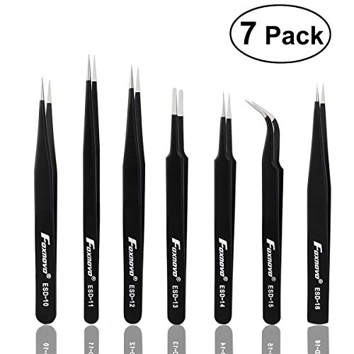 UPC 191388032964, Foxnovo ESD Tweezers Set, 7-piece Precision Anti-static Stainless Steel Tweezers, Professional Black Coated Tweezers Repair Tool Kits(Black)