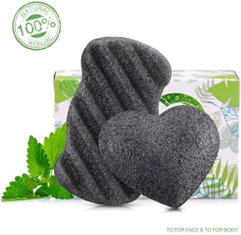 Flend Konjac Sponges All Natural Facial Body Sponge Set for Sensitive Skin, 2 Pack, Bamboo Charcoal Face Cleansing Exfoliation (1Body+1 Facial)