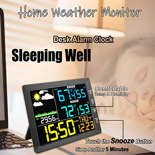 AIRAIN TECH Wireless Weather Station Clock, 10 Inch Home Indoor Weather Monitor with Barometer, Outdoor Temperature and Humidity Gauge, Black
