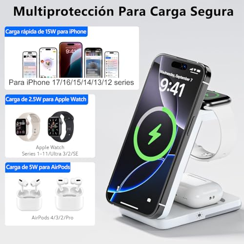 UZNOONL 3 en 1 Cargador Inalámbrico para iPhone - Plegable Portátil Cargador, 15W Adaptador de Corriente+1m Cable para iPhone 17 16 15 14 13 12 Serie, Apple Watch, AirPods (Blanco)