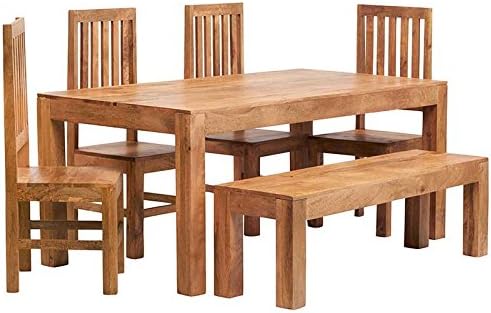 Light Walnut Stained Solid Mango Wood 6ft Dining Table, Bench & 4 Chairs