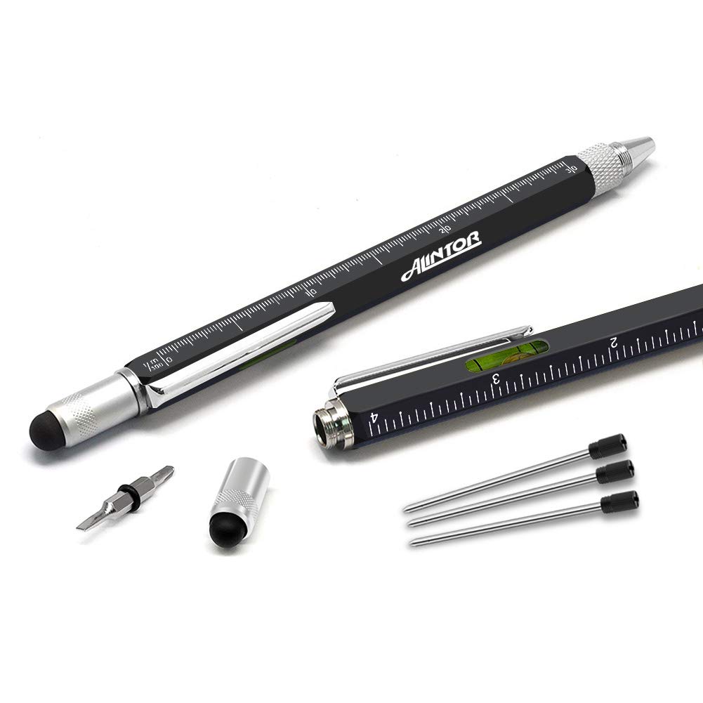 Alintor Multi Pen with Stylus, Multi Functional Pocket Tool, Touch Screen Stylus Pen, Ballpoint Pen with Scale Ruler, Sturdy Aluminum DIY Tool, Gifts for Men (Black)