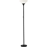 Adesso Black Torchiere Floor Lamp with Frosted White Shade - 300W Double Socket Construction, Modern Accent Lighting for Bedr