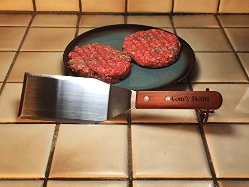 Heavy Duty Spatula With Cutting Edge For Hamburger Turning And Philly Cheesesteak By Comfy Home. Wood Handle With Hanging Strap
