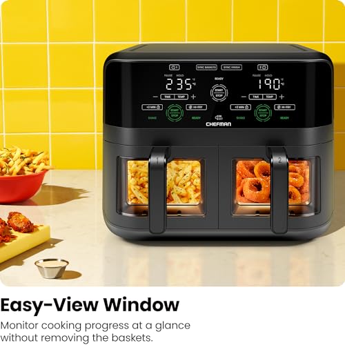 CHEFMAN 5.6L Dual Air Fryer Oven, Dishwasher Safe Frying Baskets, Double Air Fryer with Sync Finish, Hi-Fry, Auto Shutoff and Easy View Windows, Black